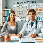DALL·E 2024-07-05 13.42.13 – A clinical dietitian in Katowice, working on diet plans for metabolic diseases. The scene is set in a modern clinic with the dietitian consulting a pa